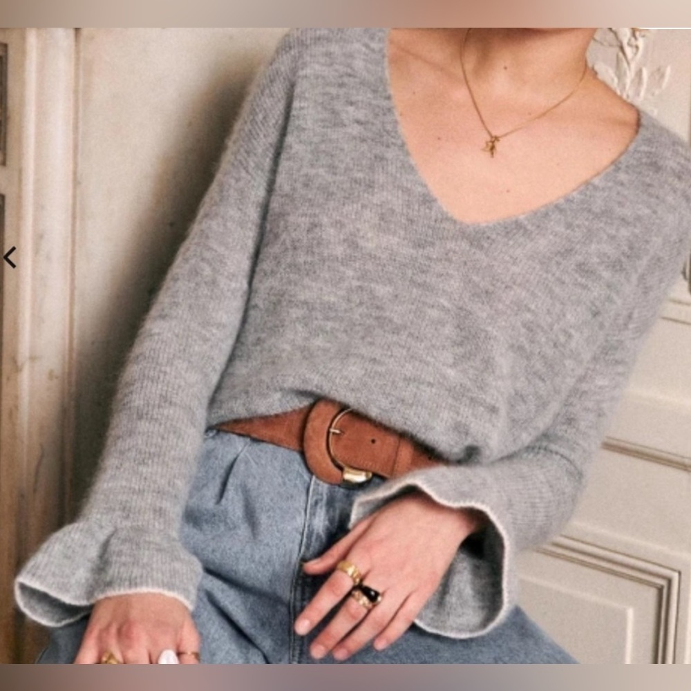 SEZANE fride mohair blend v neck sweater ruffle sleeves